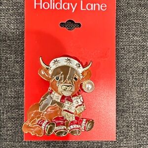 Holiday Lane Festive Highland Cow Pin with Gold and Red Accents